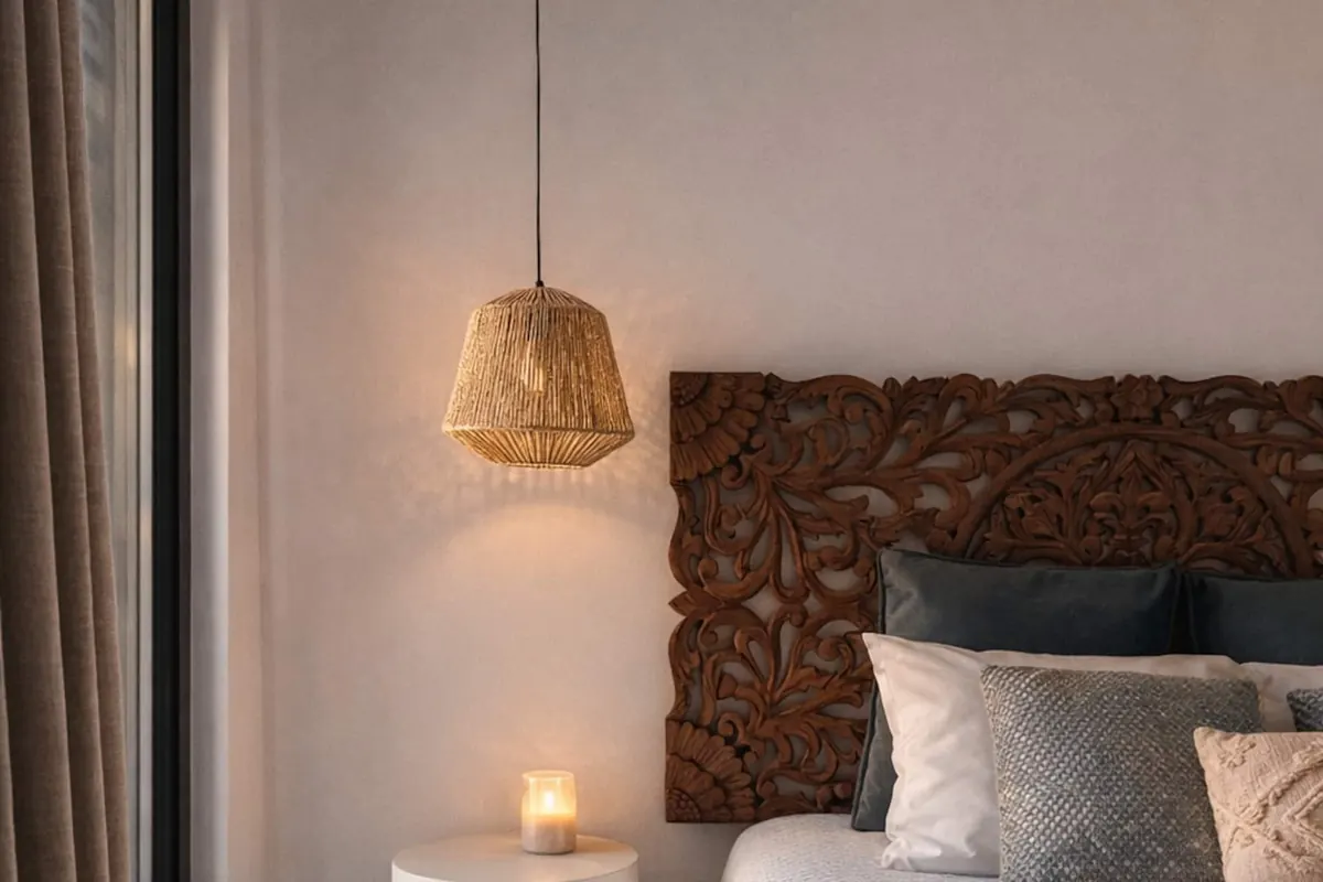 Quarto com cabeceira em madeira entalhada, colcha terracota e candeeiro de leitura
