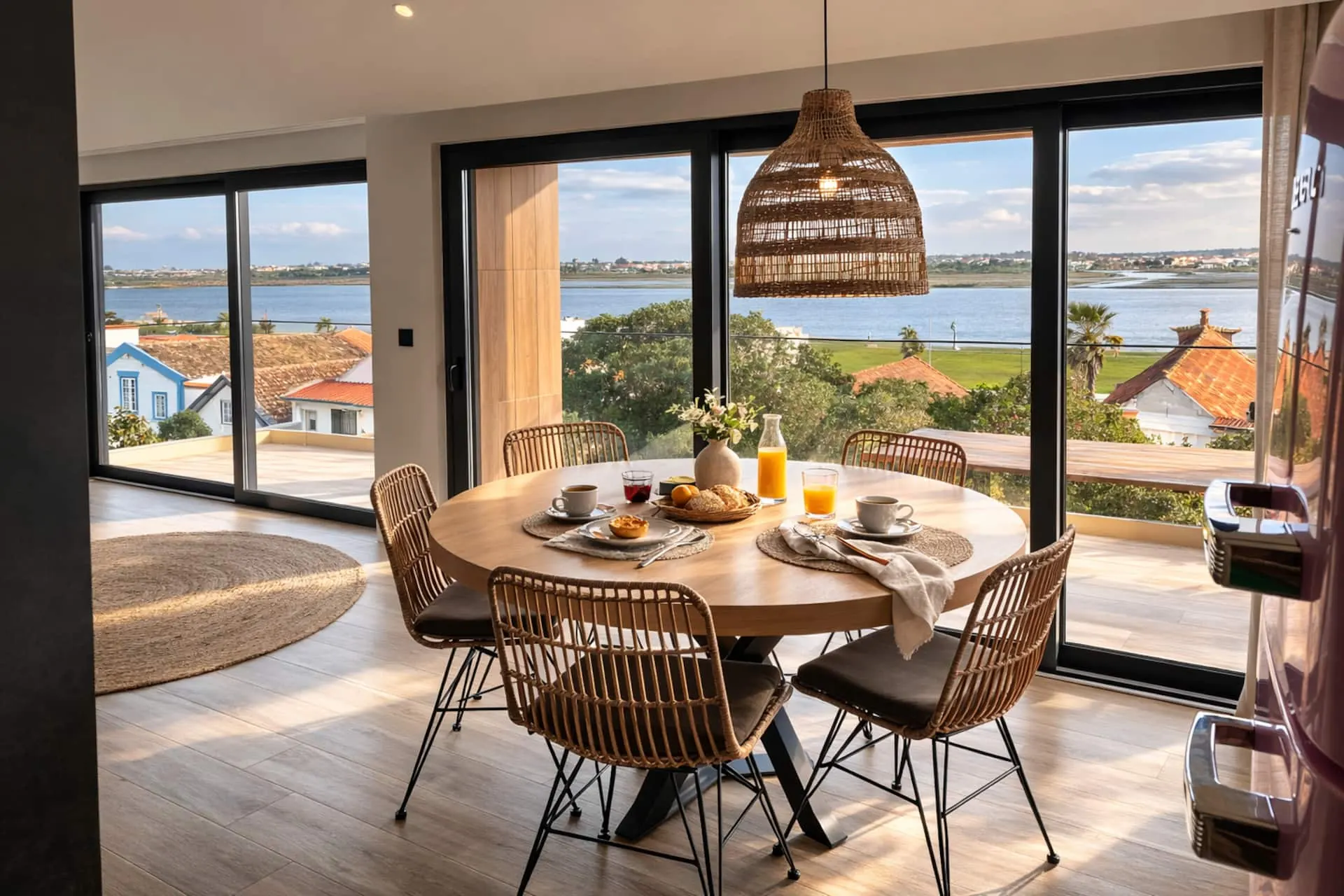 Mesa redonda posta para o pequeno-almoço, junto a grandes vãos envidraçados com vista sobre a Ria de Aveiro