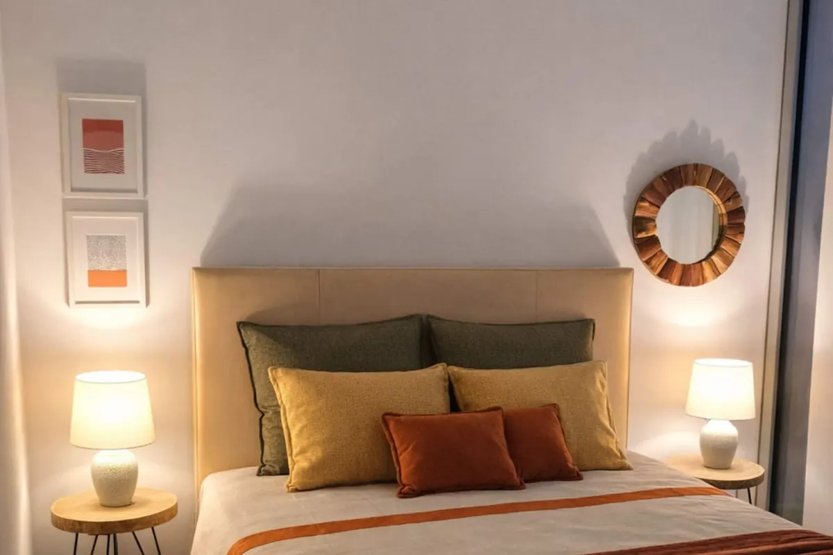 Cama de casal com candeeiros de mesa de cada lado e roupa de cama em tons de terracota