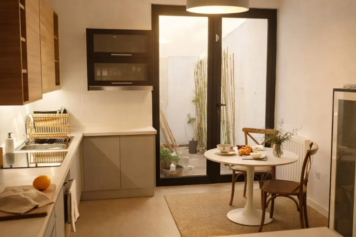 Kitchenette equipada com mesa redonda junto à porta envidraçada para o pátio