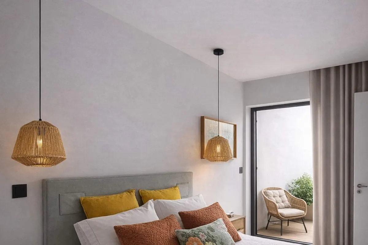 Quarto com cama king, almofadas em tons de ocre e candeeiros suspensos