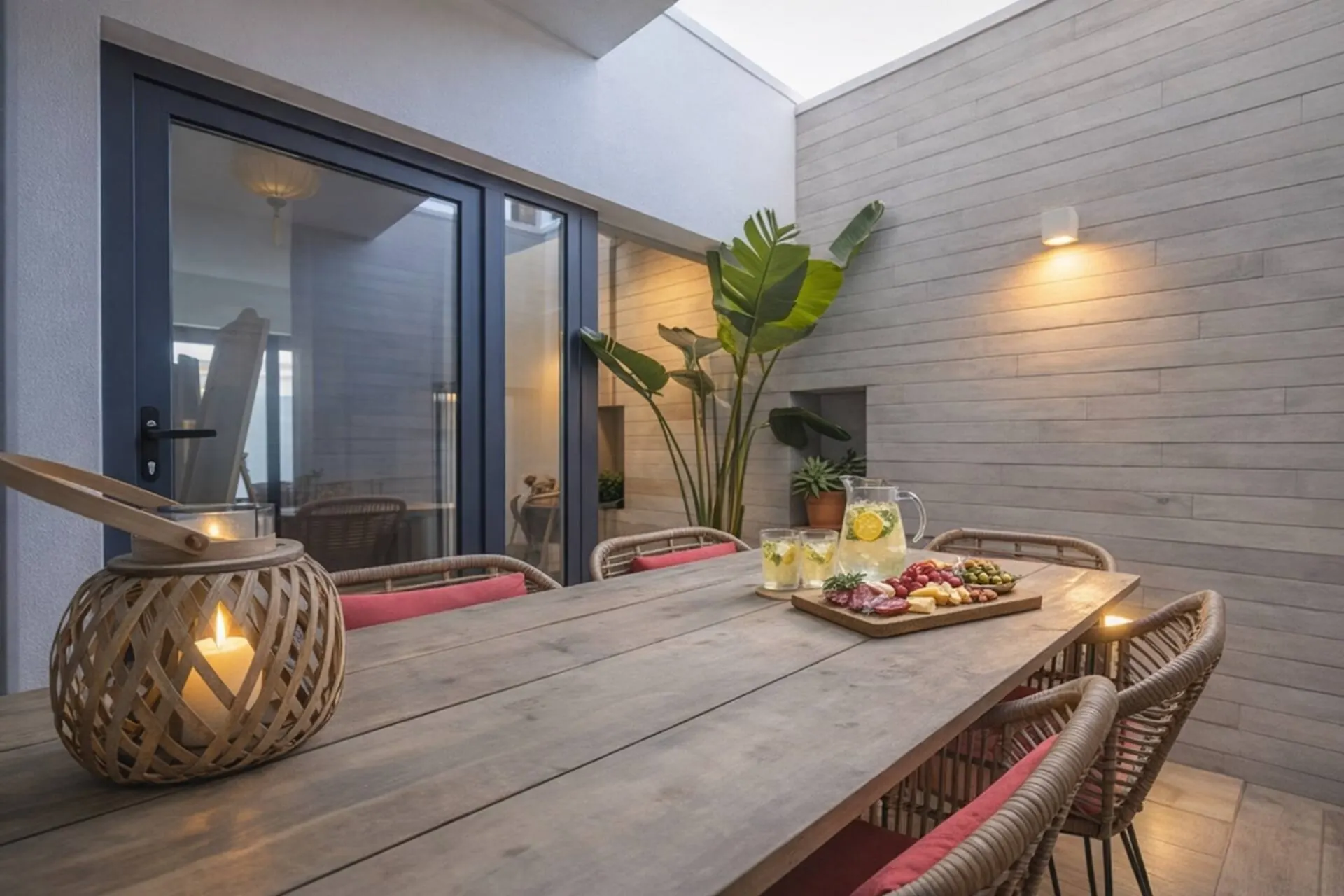 Pátio privado com mesa de madeira posta ao entardecer e porta de correr para o interior da casa