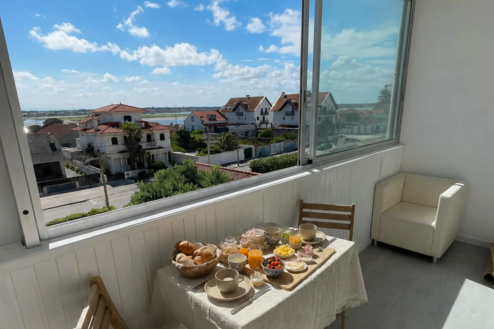 Marquise panorâmica com mesa posta para o pequeno-almoço e vista sobre a ria